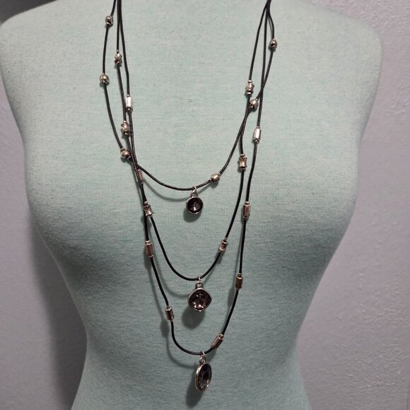 Jewelry - Artisan Smoky Quartz Style Statement Necklace - Leather & Silver-Tone